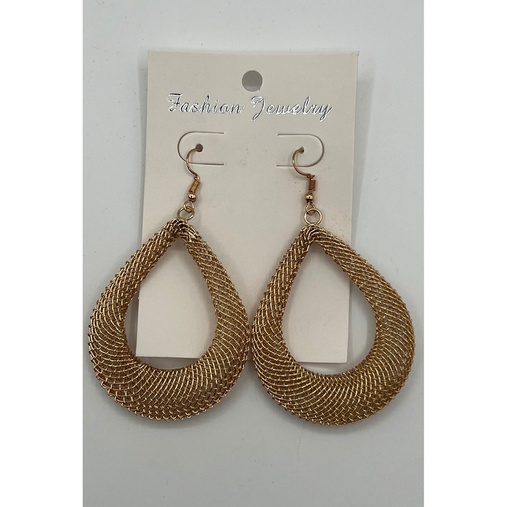 Gold Mesh Teardrop Dangle Earrings Woven Metallic Open Drop Statement Jewelry